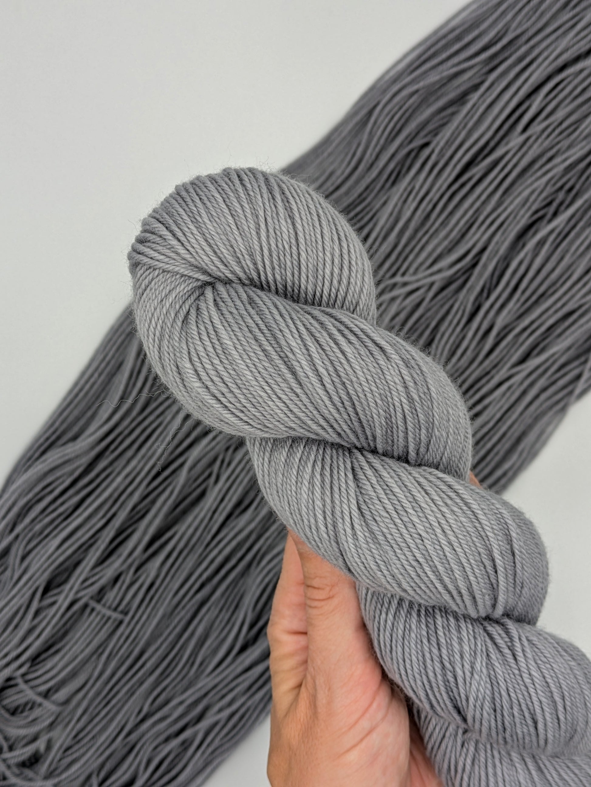 Charcoal Non-Superwash Yarn skein in DK weight, showcasing neutral gray color