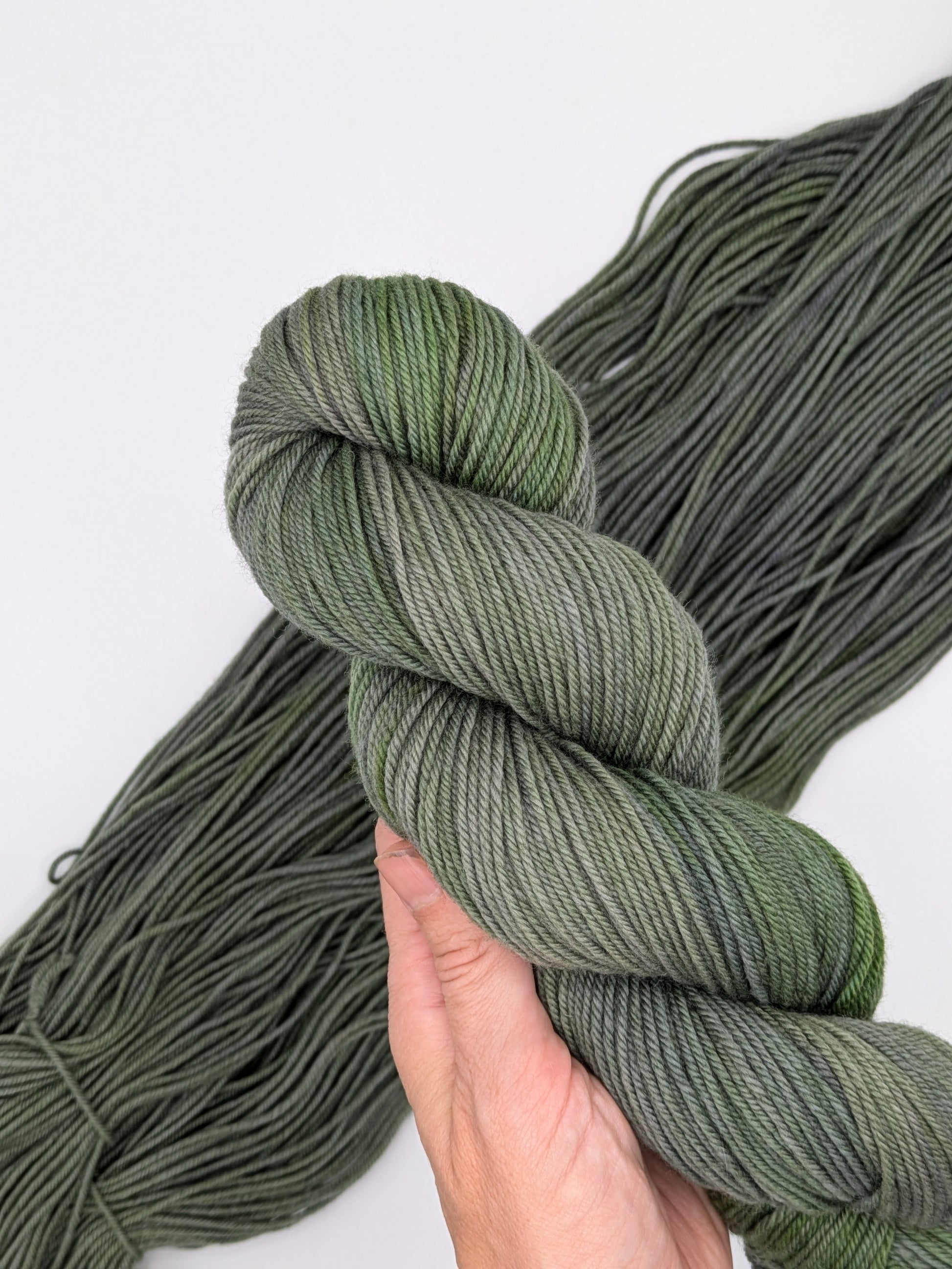 Fir Non-Superwash Yarn skein in DK weight, showcasing rich green color