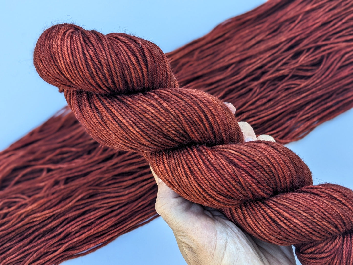 Cinnabar Yarn skein in non-superwash DK weight, showcasing vibrant orange-red hues