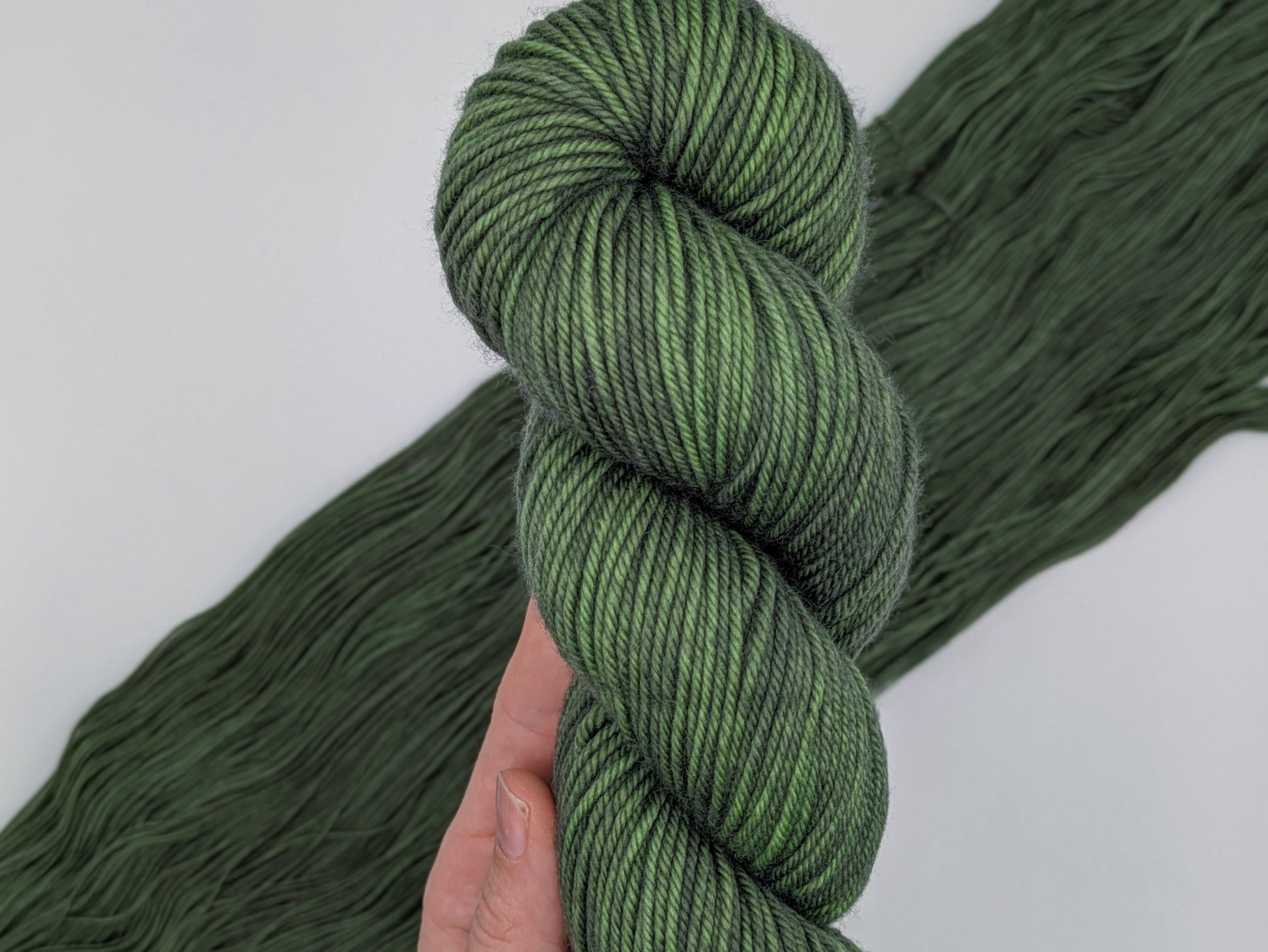 Fir Yarn skein in DK weight, showcasing rich green color