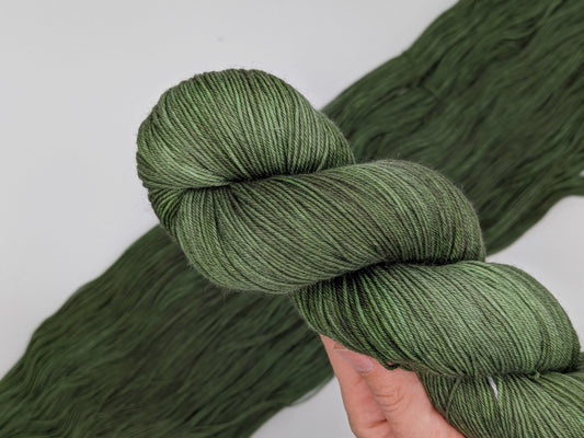 Fir Yarn skein in fingering weight, showcasing rich green color