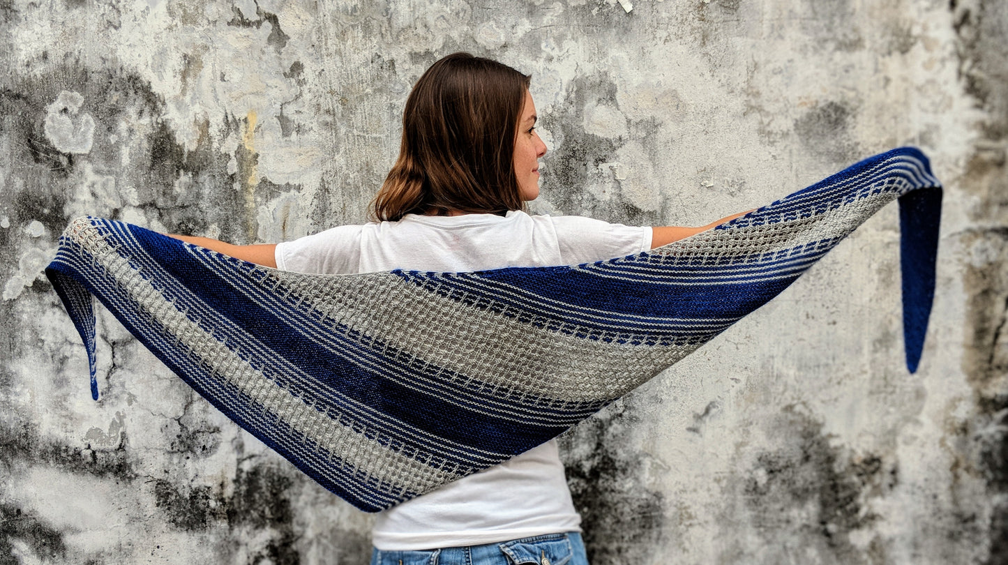 Lines and Lattice Knit Shawl sample in silver and blue