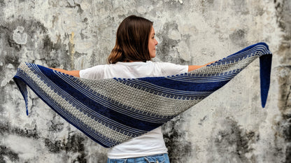 Lines and Lattice Knit Shawl sample in silver and blue